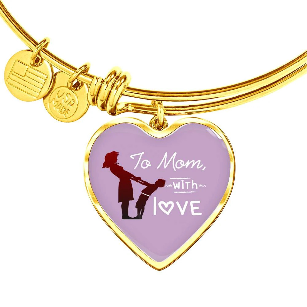 To Mom With Love Personalized Engraved Gold Heart Bangle Bracelet Custom Nam